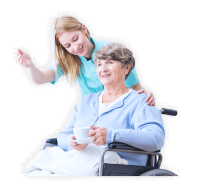 caregiver and elder woman in a wheelchair looking at something